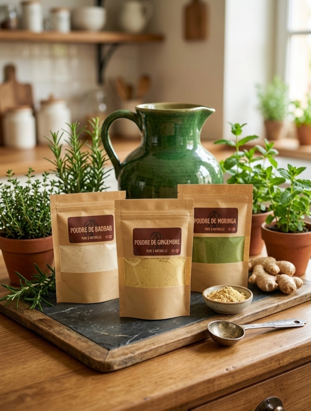 Trio de super-aliments malgaches : poudres pures de Baobab, Moringa et Gingembre pour rituel matinal.